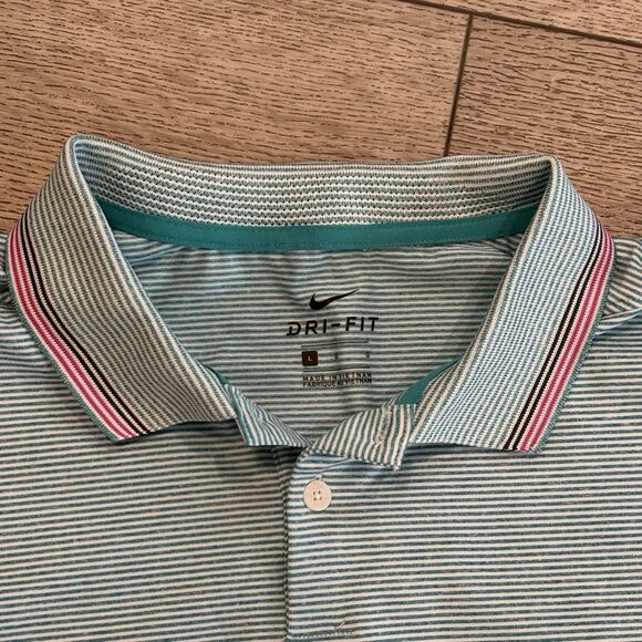 Nike Dri-Fit Polo Shirt Mens Large Teal Pink Striped Swoosh Golf Casual Lot Of 2 - Picture 3 of 11